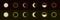 Different phases of solar and lunar eclipses. On a black background.