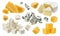 Different pieces of cheese. Cheddar, parmesan, emmental, blu cheese, camembert, feta isolated on white background