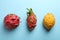 Different pitahaya fruits on light blue background, flat lay