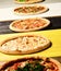 Different pizzas set for menu. Pizza circles with meat, mushrooms,