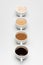 different prepared coffee drinks with milk