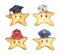 Different professions hats collection and yellow star.  Watercolor illustration. Uniform headgear items