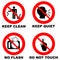 Different prohibition signs in red circle: no flash, do not touch, keep clean, keep quiet