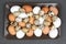 Different quail and chicken eggs lie together on a plate