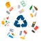 Different recycling garbage waste types sorting processing, treatment remaking trash utilize icons vector illustration.