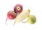 Different ripe turnips on white background, top view