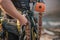 Different safety equipment for arborist or arborists such as ropes, anchors, straps and so on. Detail of arborist equipment