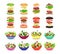 Different Salads in Bowl and Burgers with Ingredients Big Vector Set