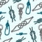 Different sea boat knots types noose rope vector set illustration seamless pattern background