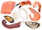 Different seafood pieces on white background. File contains clip