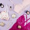 Different sets of lace lingerie, presents and Christmas decoration on pastel background. Woman fashion Christmas concept