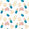 Different shape beige pills and oval capsule tablets seamless pattern on white background