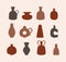 Different shapes vases, pots, and bottles. Art collage of ceramic pottery in a minimalistic trendy style. Vector background in a
