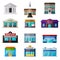 Different shops, institutions and stores flat icon set