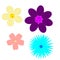 Different simple flowers yellow, purple, pink and blue with musical notes on them isolated on white background in vector