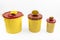 Different sizes of Medical waste rubbish bins 1.3, 2, 3, 5 liter. Yellow biohazard medical contaminated and sharp clinical waste