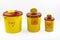 Different sizes of Medical waste rubbish bins 1.3, 2, 3, 5 liter. Yellow biohazard medical contaminated and sharp clinical waste