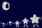 Different sizes white stars family hold hands and walking under sleeping moon on navy blue background