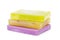 Different soaps in different soap dishes. A lot of solid soap for hygiene and cleanliness. Colorful soap and remnants are