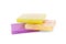 Different soaps in different soap dishes. A lot of solid soap for hygiene and cleanliness. Colorful soap and remnants are