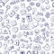 Different social media icons in hand drawn style. Vector seamless pattern on white background