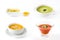 Different soup collage. Gazpacho soup, corn soup, zucchini soup and pumpkin soup on white background
