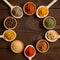 Different spices in bowls and mixing spoons - Top view