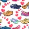 Different styles of gentlemen`s and lady`s shoes in love, spreading pink hearts, seamless pattern on white background