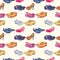 Different styles of gentlemen`s and lady`s shoes, seamless pattern on soft yellow background