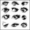 Different styles and shapes of anime eyes, element pack. Set of twelve ocular drawings.