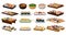 Different Sushi and Maki Served on Board with Soy Sauce and Bowl with Noodles Big Vector Set