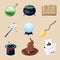 Different symbols of wizards and magicians. Mystery book, magic parchment and wand. Vector icons set in cartoon style