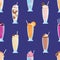 Different tasty milkshakes decorated with fruits, berries and whipped cream seamless pattern. Refreshing cocktails in