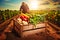 Different tasty vegetables in wooden crate on farm, harvesting concept