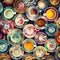 Different tea cups and saucers top view, many cups, beautiful background,