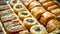 Different type of arabian baklava in rows - borma nest ush-el-bul-bul asabi full screen