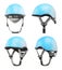 Different type of climbing helmet on white background.