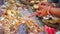 Different type of foods holding on temple for birds and animals during a Hindu festival. Sacred food to exhort God