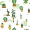 Different type indoor plants in cute flowerpots with traditional ornament. Seamless pattern. Vector illustration.