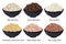 Different type of rice. Long grain, brown, white and other. Vector illustrations in cartoon style