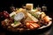 Different types, assorted cheeses on a wooden board