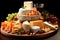 Different types, assorted cheeses on a wooden board