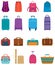 Different types of baggage. Large and small suitcase, hand luggage, backpack, carrying animals, crate, handbag.