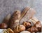 Different types of baking still life. Buns croissants, muffins and loaves, bread patties on textile drapery. Rustic