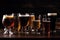 Different types of beer on the bar bar of the pub, beer assortment, cold different glasses of beer on the wooden table. Generative