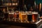 Different types of beer on the bar bar of the pub, beer assortment, cold different glasses of beer on the wooden table. Generative