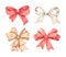 Different types of bows golden, red, ivory. Watercolor illustration. Perfect for invitations, greeting cards, posters, prints.