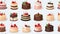 different types of cakes on light blue background. Seamless pattern of cakes.