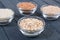 Different types of cereals: rice, oatmeal, buckwheat, pearl barley