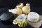 Different types of cheese on a black background. Cheese platter